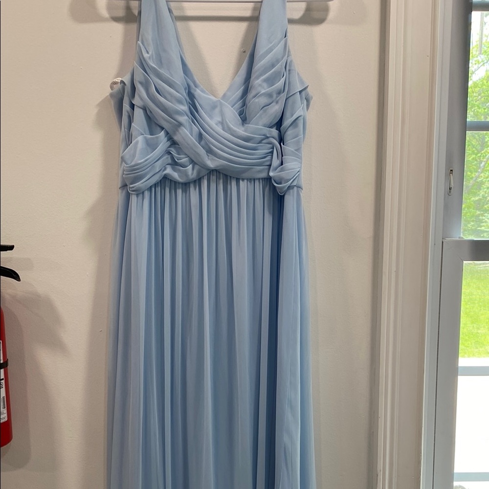 David's Bridal Blue Maxi Gown Plunge Neckline Sleeveless
